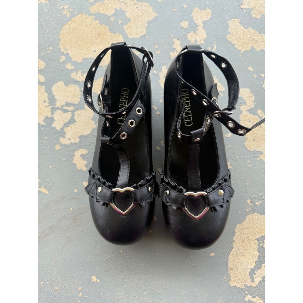 Celinepho Black Platform Mary Jane Heart Buckle Gothic Wedge Ankle Strap Shoes